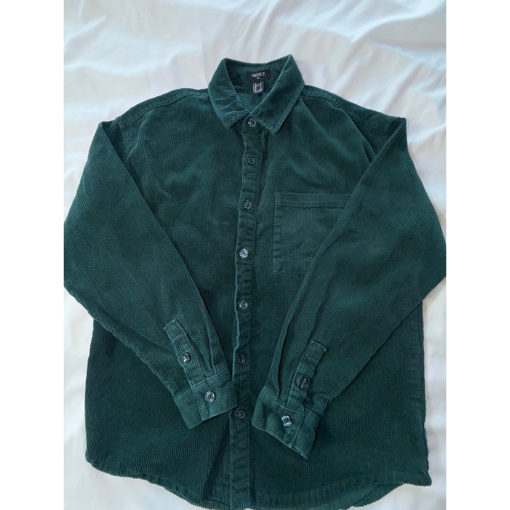 Forever 21 Men Corduroy Button Down Shirt Forest Green Small Long Sleeve Pocket